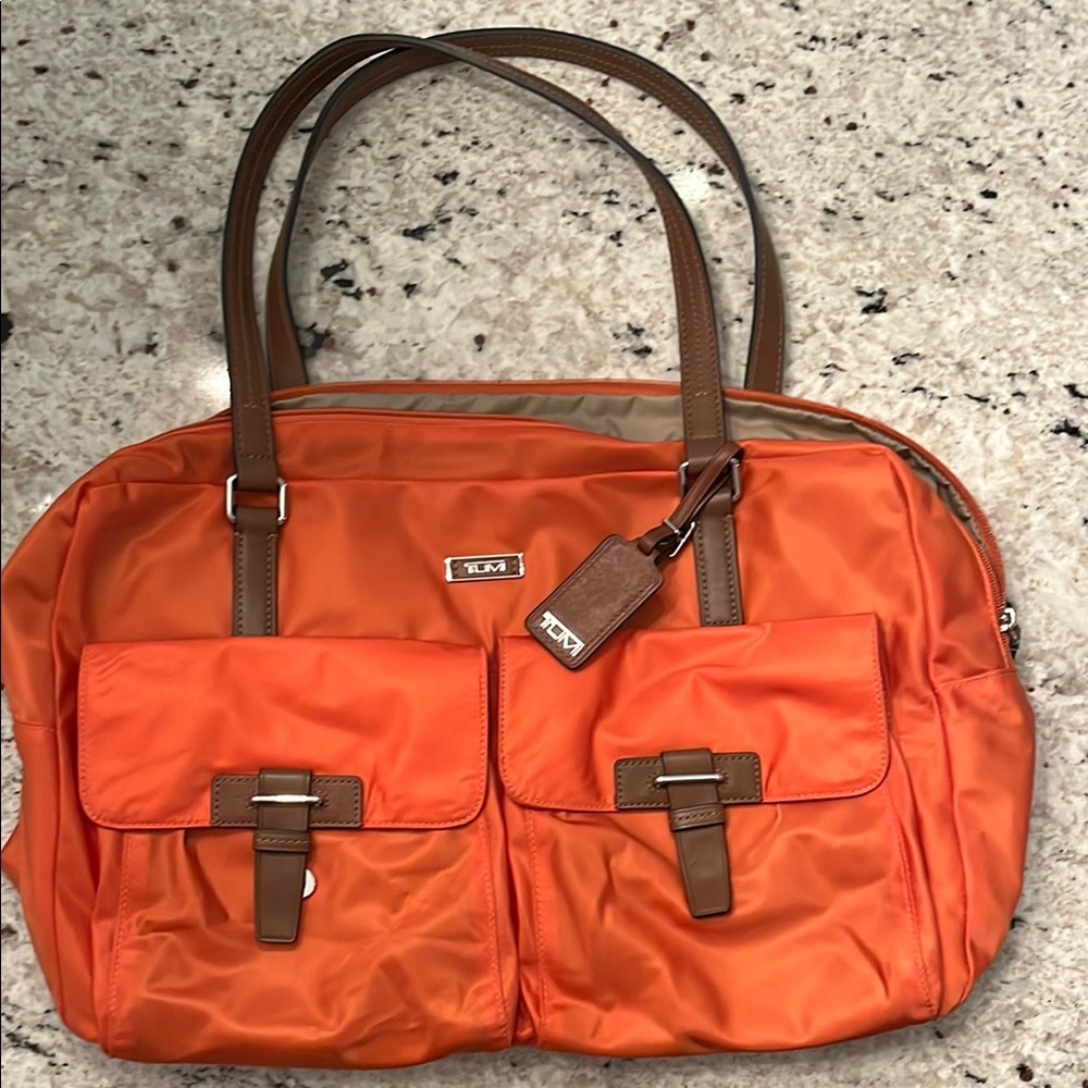 TUMI Orange Nylon Tote with Brown Leather Trim